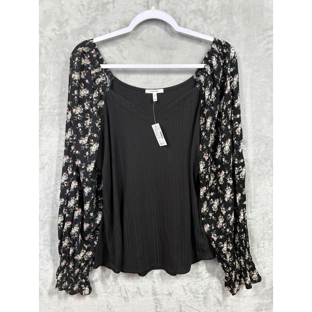 Maurices Womens XXL Black Ribbed Mixed Media Top Floral Puff Sleeve NWT